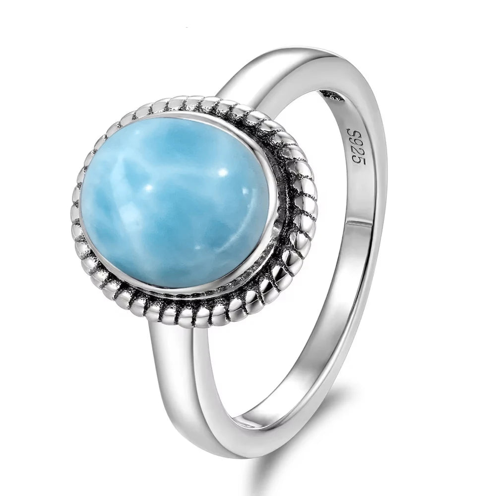 Vintage 925 Silver Ring Natural Larimar Stone Ring Round Flower Shape Sky Blue Summer Ring Fine Jewelry Gift for Men Women
