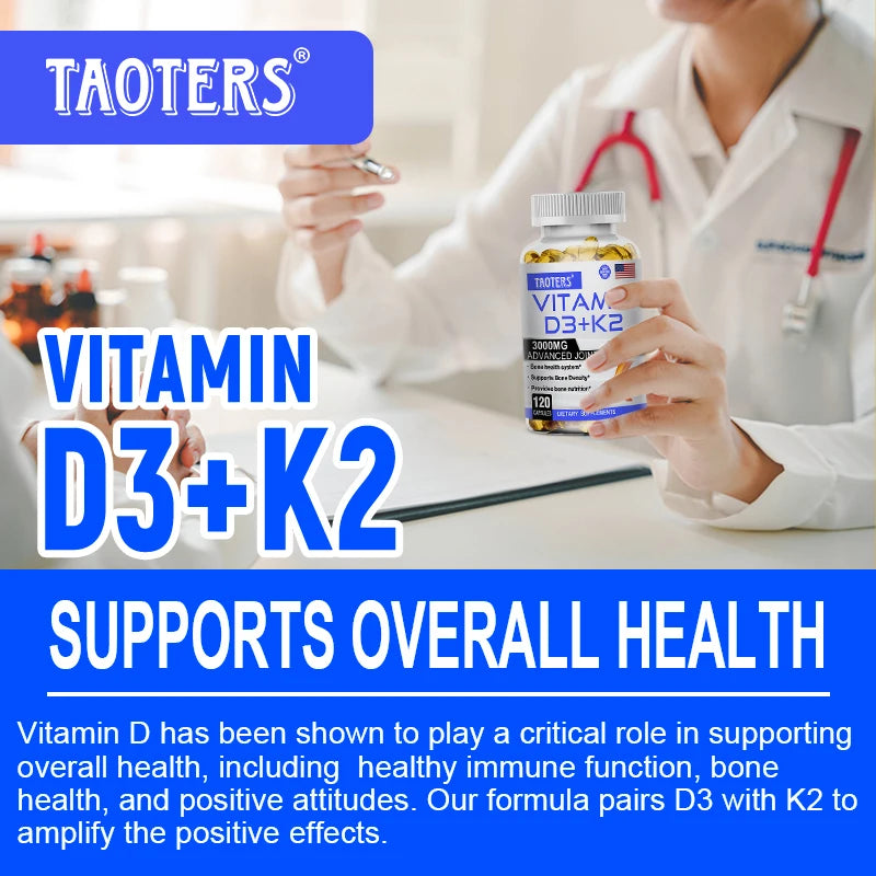 Vitamin D3+K2 Capsules - Helps Regulate Calcium Metabolism and Supports Teeth, Bones, Heart Health, Joint Health, and Immunity