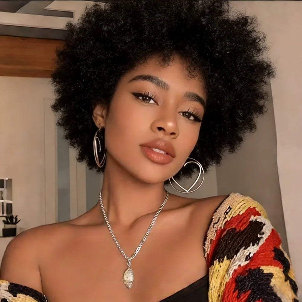 Afro Kinky Curly Pixie Human Hair Wig, full Machine Made No Tangling Minimal Shedding Wig, Natural Scalp Short Curly