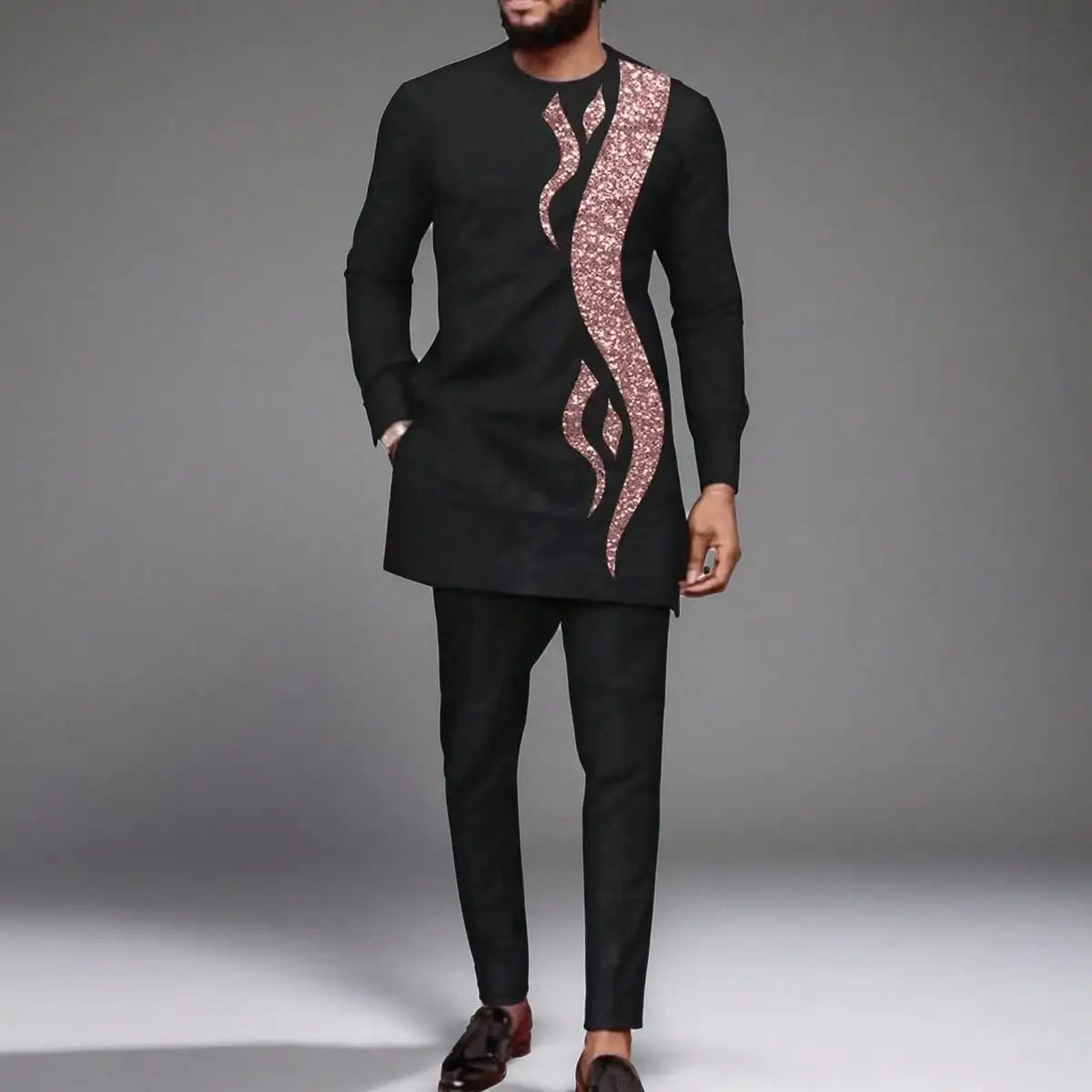 African traditional dress men's suit Long sleeve ethnic style printed patchwork shirt casual pants 2 piece holiday casual suit