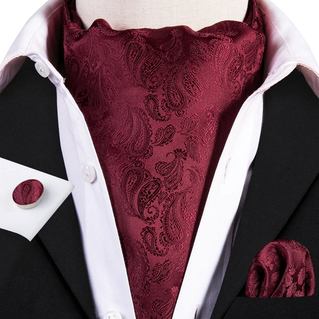 Hi-Tie Mens Ascot Black Pink Blue Red Gold Green Purple White Cravat Tie Hanky Cufflinks for Male Wedding Business Prom