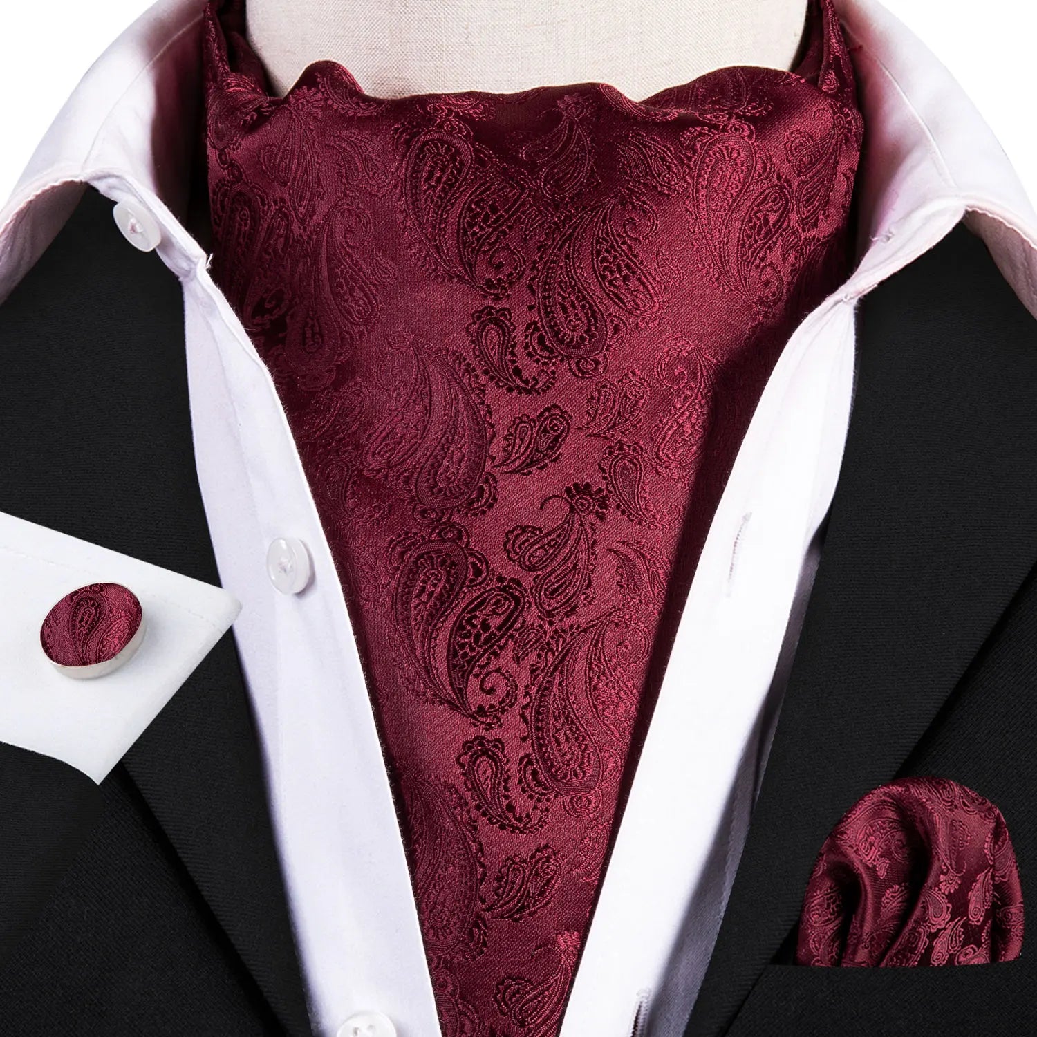 Hi-Tie Mens Ascot Black Pink Blue Red Gold Green Purple White Cravat Tie Hanky Cufflinks for Male Wedding Business Prom