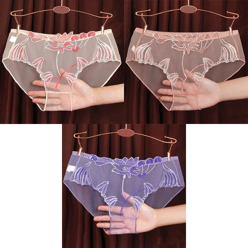 3PCS Solid Full Mesh Sexy Briefs Embroidered Floral Transparent Panties Plus Size Seamless Underwear Low Waist Erotic Lingerie