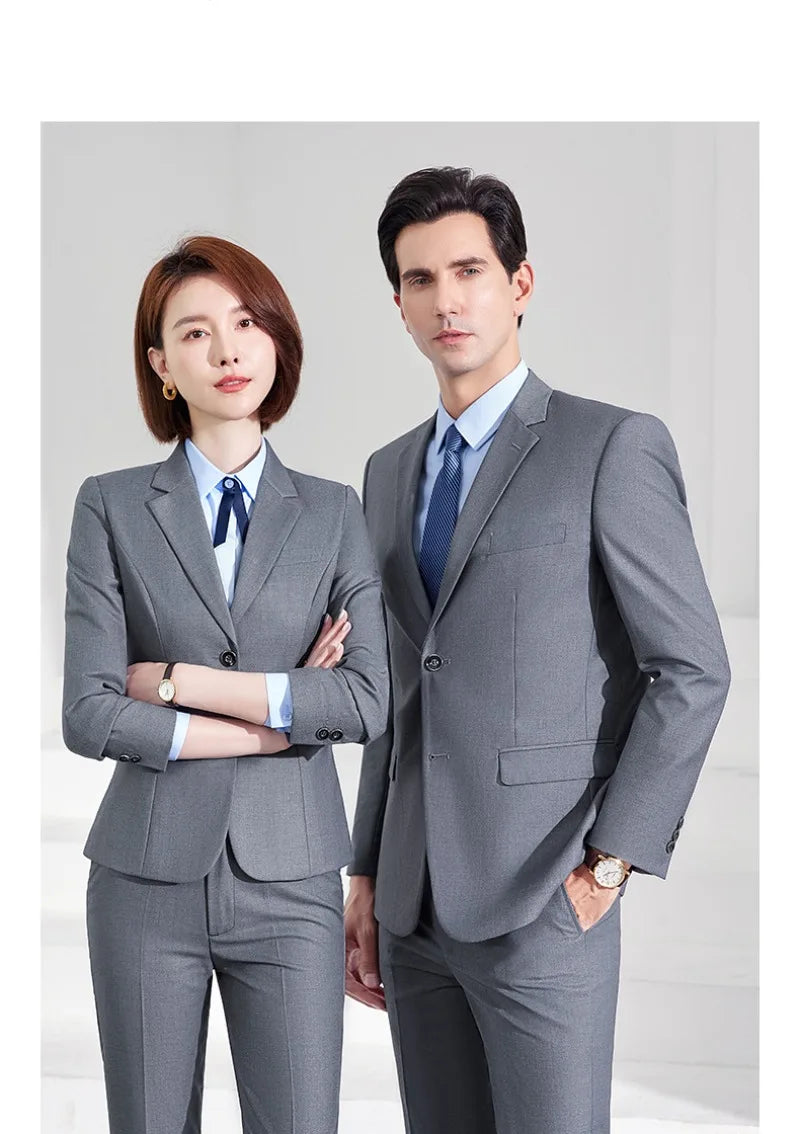 Men's Formal Business Suit Set Black Grey Blue Blazer Pants 2 Piece Work Wear For Office Sales Property 4S Store Staff