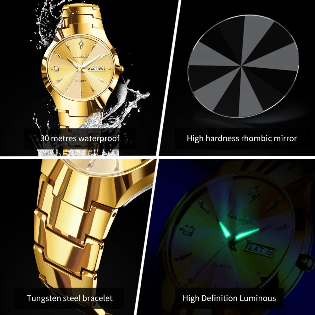 OLEVS Fashion Mens Watches Top Brand Luxury Tungsten Steel Gold Quartz Watch for Man Waterproof Luminous Date Week Wristwatch