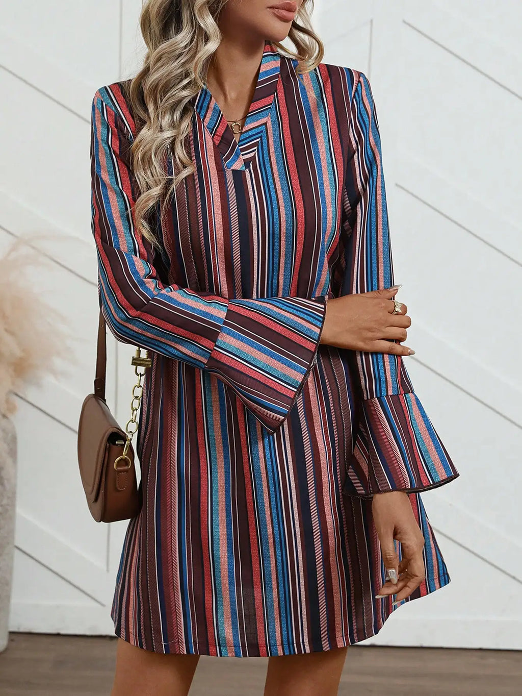 Women's elegant dress, winter dress, striped print, casual, conservative, party-appropriate, belted, button-down, everyday.