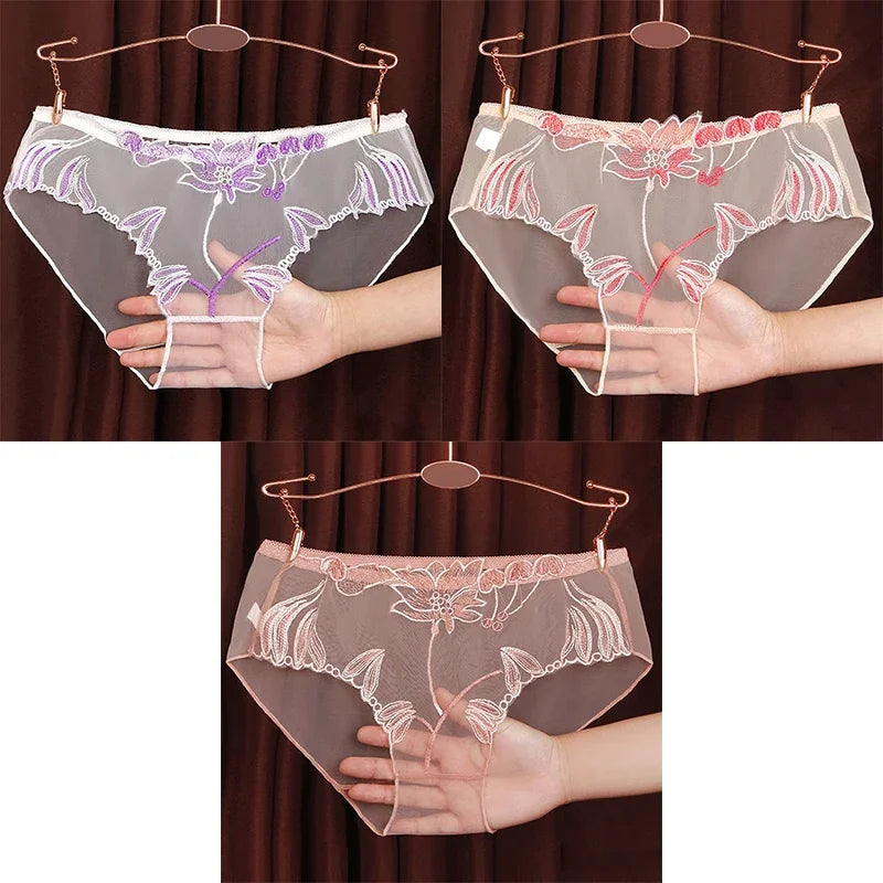 3PCS Solid Full Mesh Sexy Briefs Embroidered Floral Transparent Panties Plus Size Seamless Underwear Low Waist Erotic Lingerie