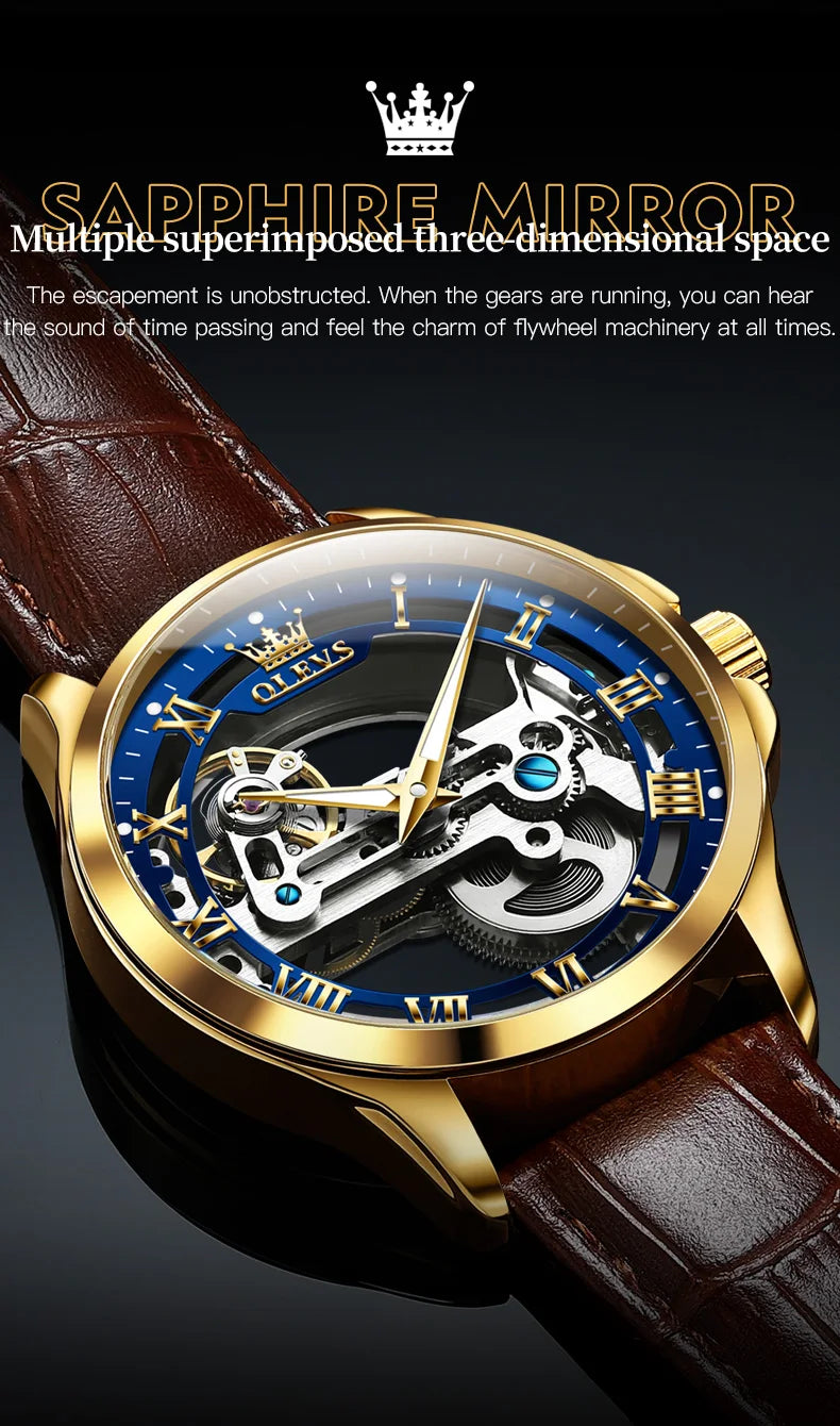 OLEVS 6661 Top Brand Men's Watches Fashion Hollow Flywheel Automatic Mechanical Wristwatch Waterproof Luminous Leather Strap