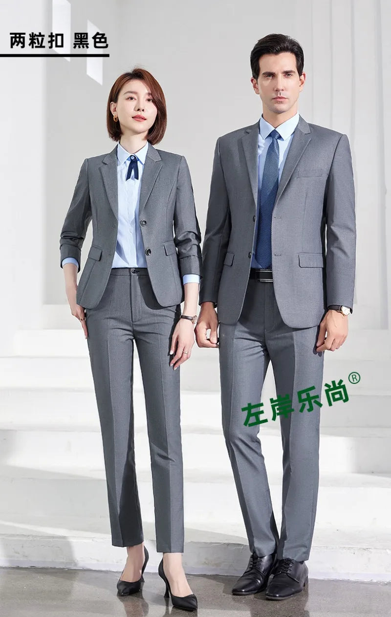 Men's Formal Business Suit Set Black Grey Blue Blazer Pants 2 Piece Work Wear For Office Sales Property 4S Store Staff