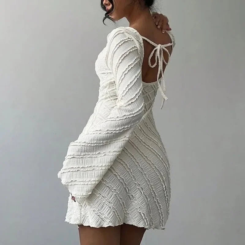 Women's Dress, White Knitted Fabric, Boat Collar A-word Short Skirt, Backless Lace-up.