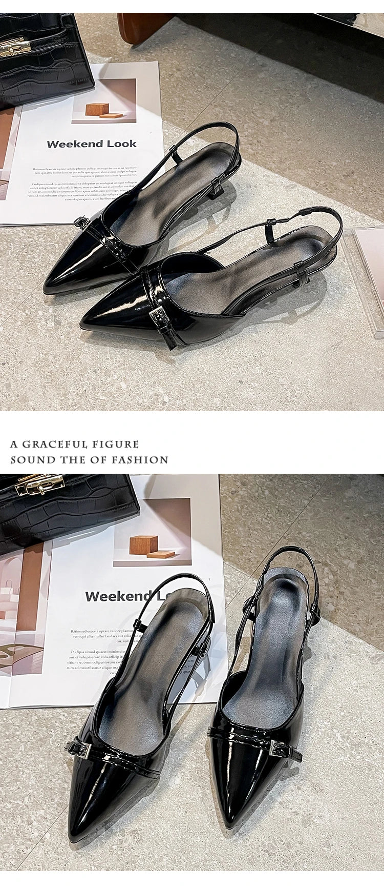 2026 New Summer Women's Dress Shoes Patent Leather Slip on Pointed Toe Sandals Buckle Slingbacks Mid Heels Pumps Sandalias Mujer