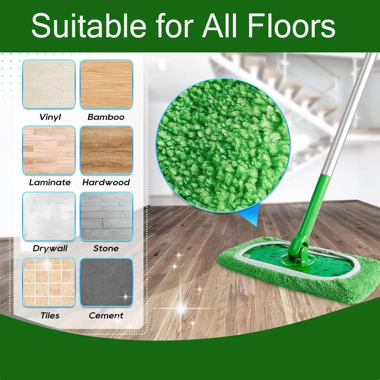 Sweeper Wet & Dry Cleaning Cloths Reusable Microfiber Mop Pads Green Furniture Flooring Mop Head Replacement Washable Rag Towel