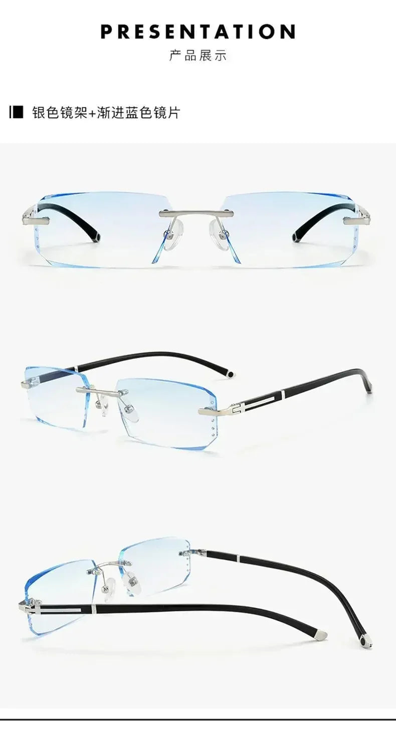 Myopia Glasses Frameless HD Optional Photochromic Glasses Anti Blue  Men's Anti Fatigue Clear Glasses