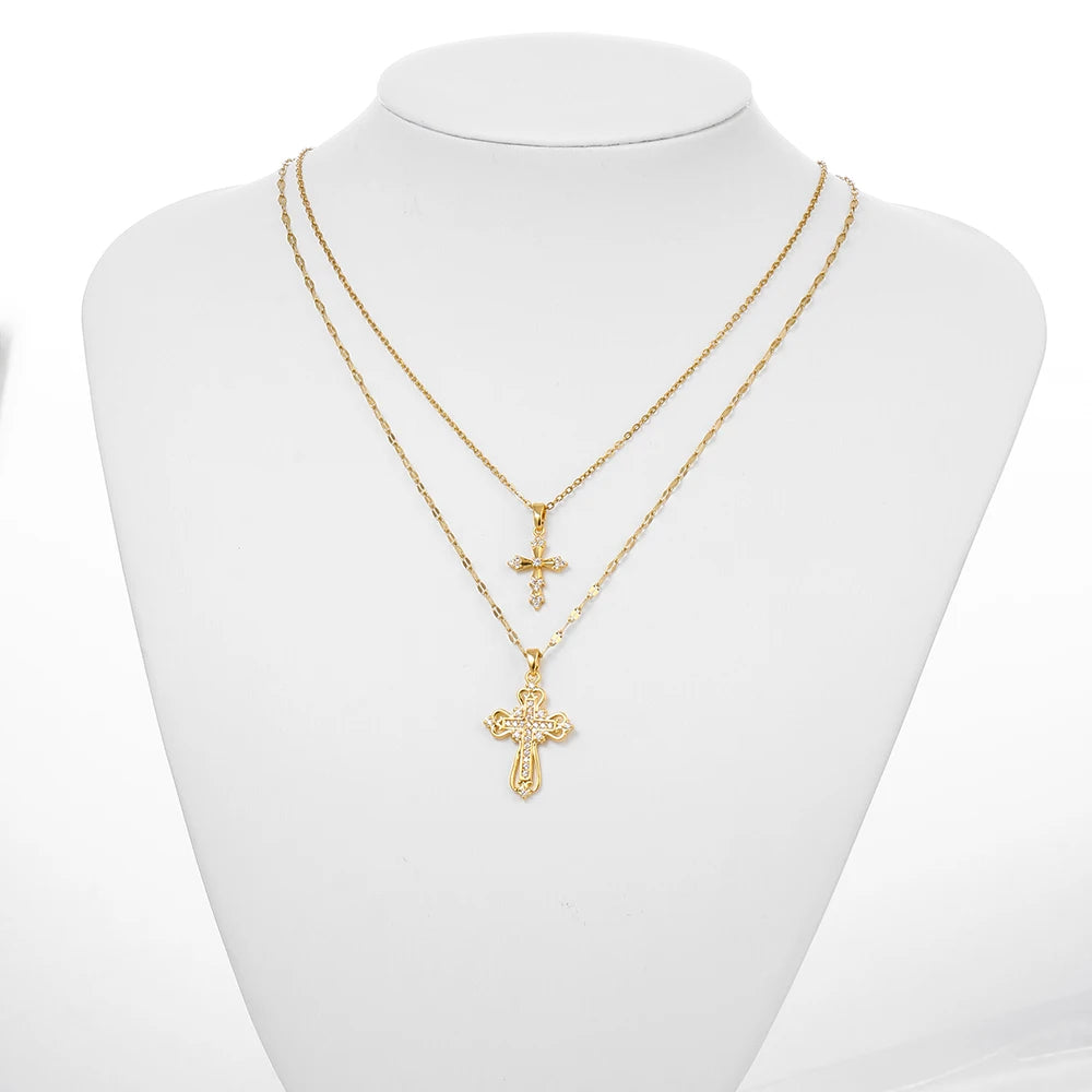 Women's Exquisite Luxury Cross Necklace High-End Zircon Pendant Stainless Steel Collarbone Chain Jewelry Gift