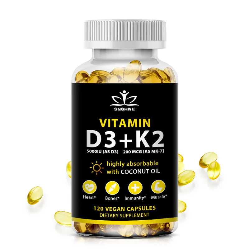 Vitamin D3 K2 Capsules Daily Supplement Natural Coconut Oil  Healthy Immune System Heart and Bones Vegetarian Supplements