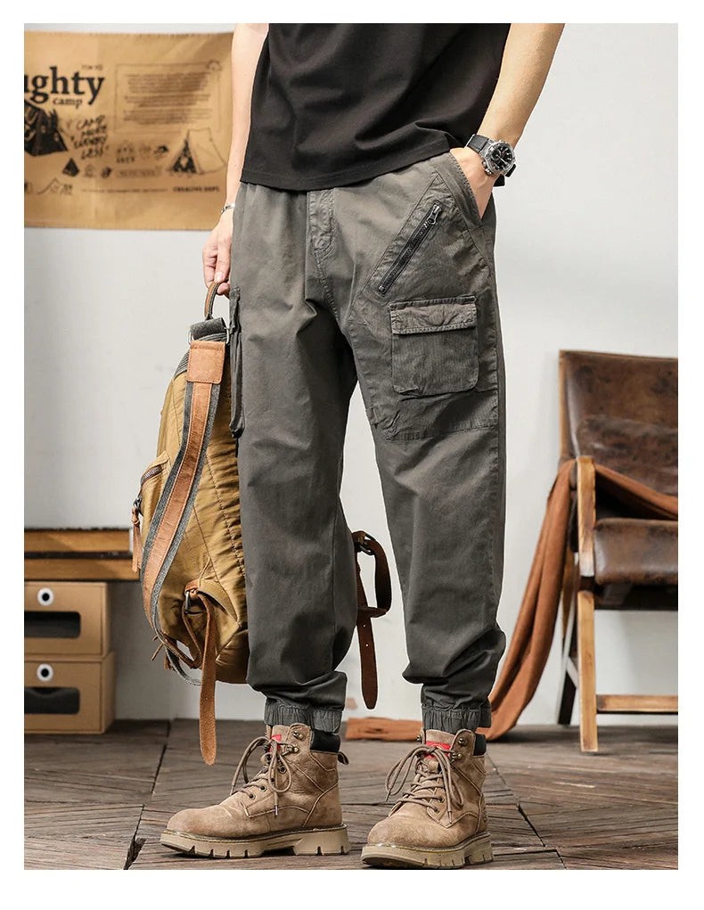 Man's Cargo Pants High Waist Casual Ninth Pants Fashion Slim High Street Straight Workwear Trousers Trend Streetwear Binding leg