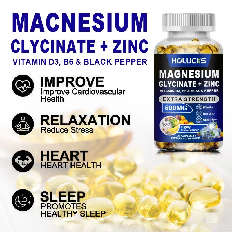 Magnesium Glycinate & Zinc 500mg - Chelated Supplement  - with Vitamin D3 & B6 - Support for Sleep, Muscle & Heart Health