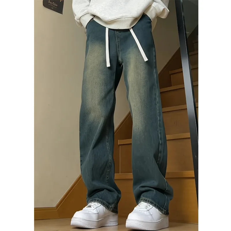 Mens Jeans Man Pants Vintage American Washed Distressed Loose Fit Casual Denim Trousers For Men