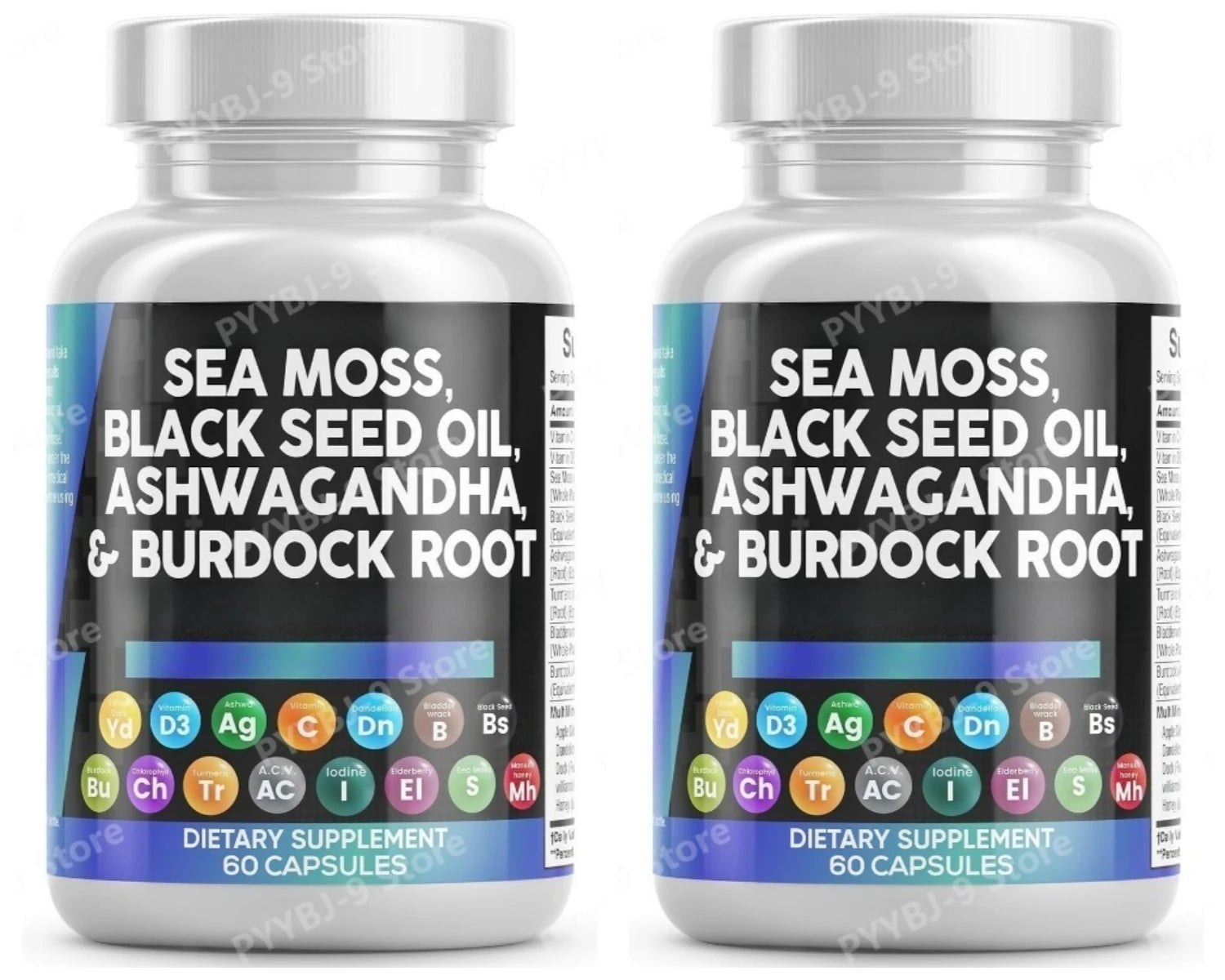 Sea Moss Black Seed Oil Ashwagandha Burdock Bladderwrack Turmeric Complex Elderberry Chlorophyll ACV Dandelion60 Capsules