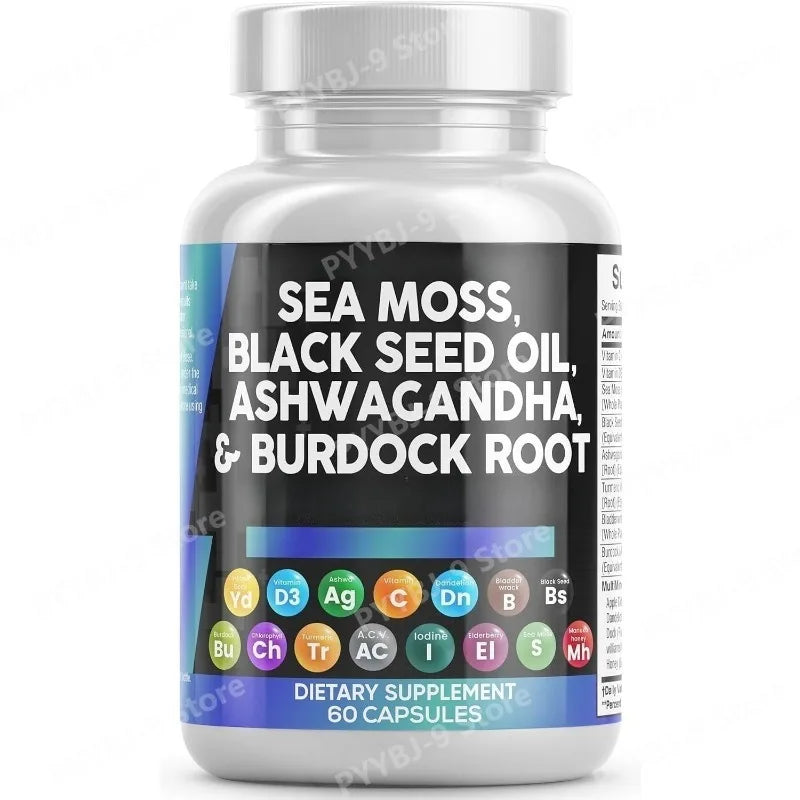 Sea Moss Black Seed Oil Ashwagandha Burdock Bladderwrack Turmeric Complex Elderberry Chlorophyll ACV Dandelion60 Capsules