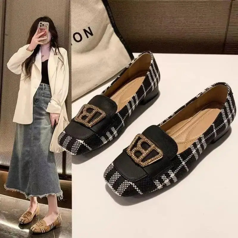 Women's slip-on shoes with square toe, plaid color-blocking, metal buckle, stylish low chunky heels, versatile style.
