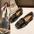 Women's slip-on shoes with square toe, plaid color-blocking, metal buckle, stylish low chunky heels, versatile style.