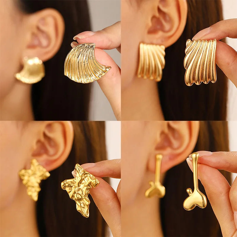 Stainless Steel Wrinkled Gold Color Earrings For Women Metal Earing Jewelry 2026 Trending Vintage Round Square Heart Earrings