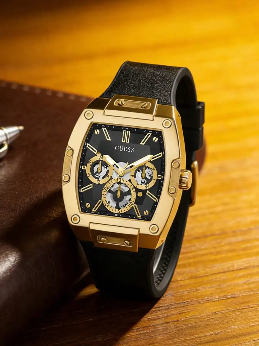 GUESS Watches for Men Original Luxury Gold Tone Black Dial Tonneau Multifunction Quartz Chronograph Silicone Strap Wristwatch