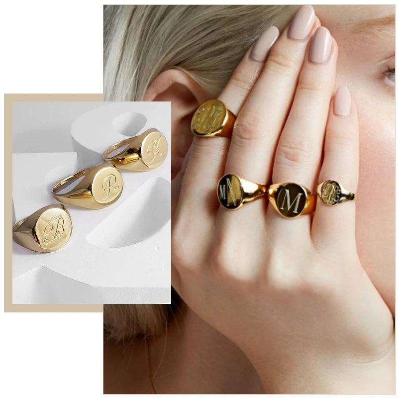 Elegant Personalized Name Bar Ring for Women Gold Color Stainless Steel Signet Stamp Ring Round Square Initial Custom Jewelry