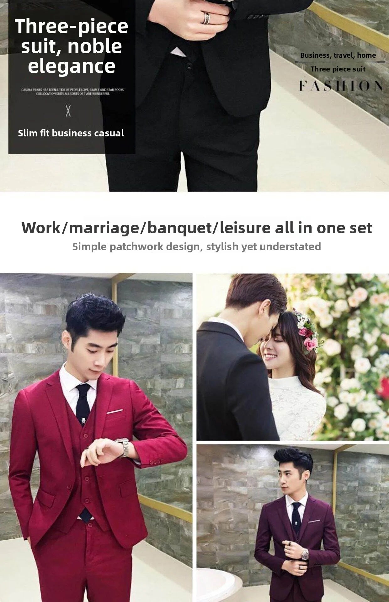 Men's Three-Piece Suit Set Business Formal Tailored Wedding Groomsmen Dress Spring Fashion Urban Polyester Blend Standard Fit
