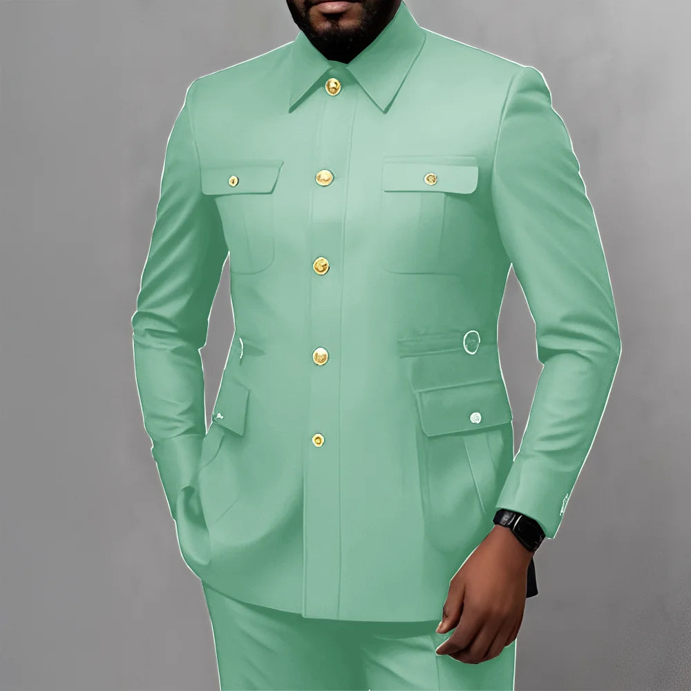 Men's 2-Piece Formal Suit, Utility Style, Golden Buttons, Suit + Trousers Combination, Fashionable Business Use