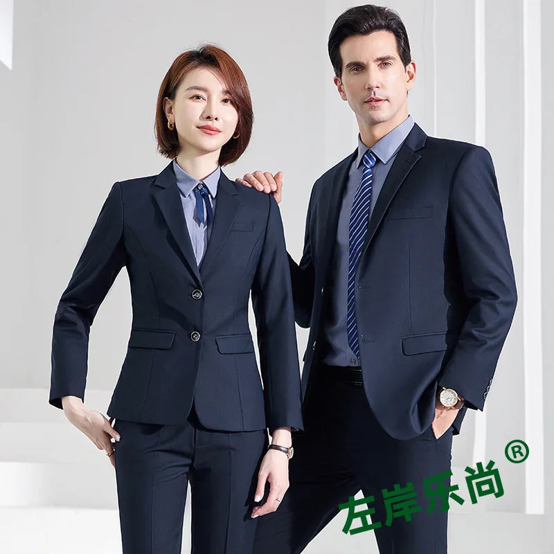 Men's Formal Business Suit Set Black Grey Blue Blazer Pants 2 Piece Work Wear For Office Sales Property 4S Store Staff