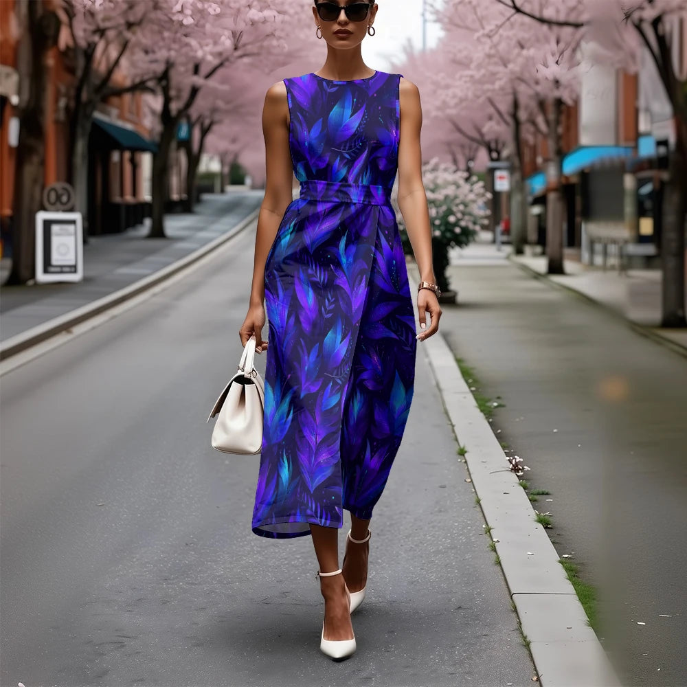 Elegant Floral Dress for Women Breathable A-Line Sleeveless Dress Chic Blue & White with Pink Blooms Office To Vacation Dress