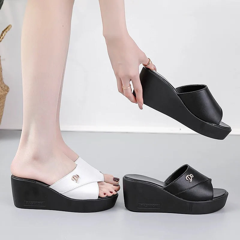 Women shoes Summer Fashion  leather Leisure shoes women platform wedges Fish Mouth Sandal Thick Bottom Slippers