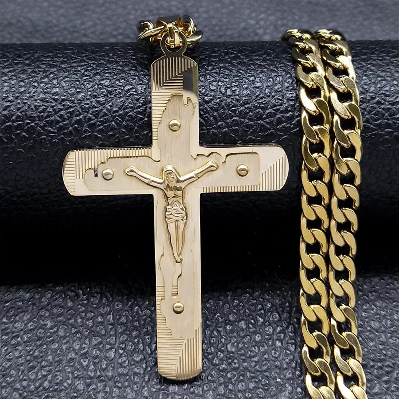 Jesus Cross Necklace Women Stainless Steel Chain for Men Silver Color Crucifix Religious Necklaces Jewelry Cruz collar N2343S05