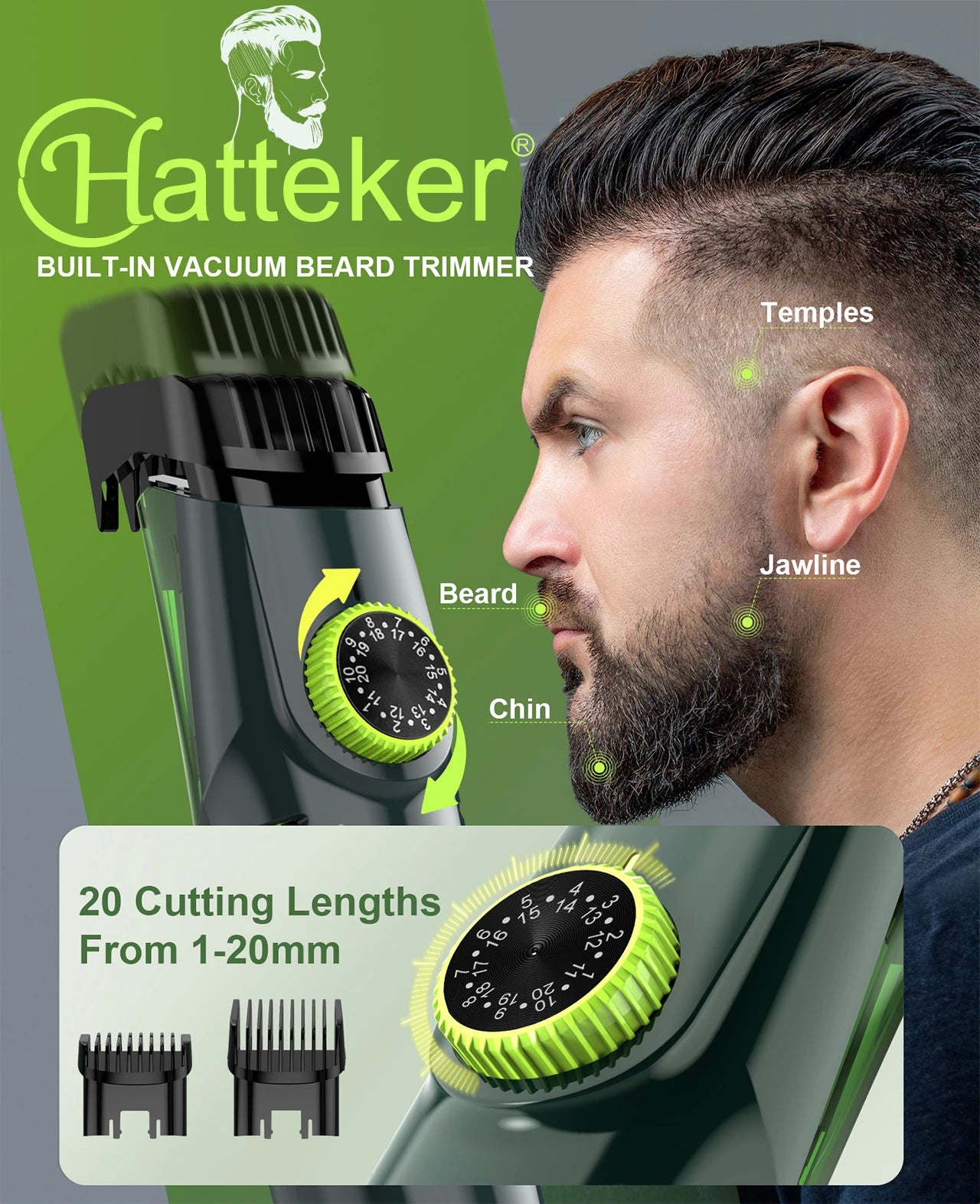Hatteker Beard Trimmer for Men Cordless Adjustable Beard Mustache Trimmer with Built-in Vacuum Wet/Dry Clipper Travel-Friendly