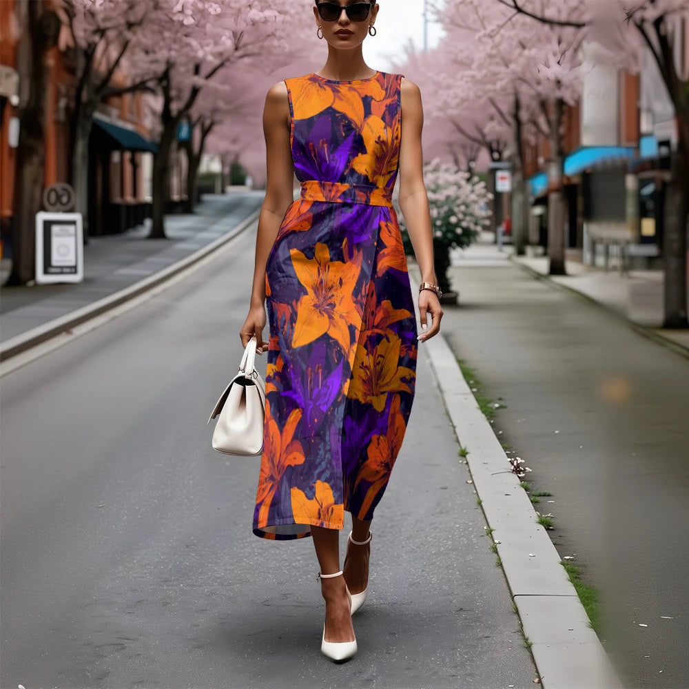 Elegant Floral Dress for Women Breathable A-Line Sleeveless Dress Chic Blue & White with Pink Blooms Office To Vacation Dress