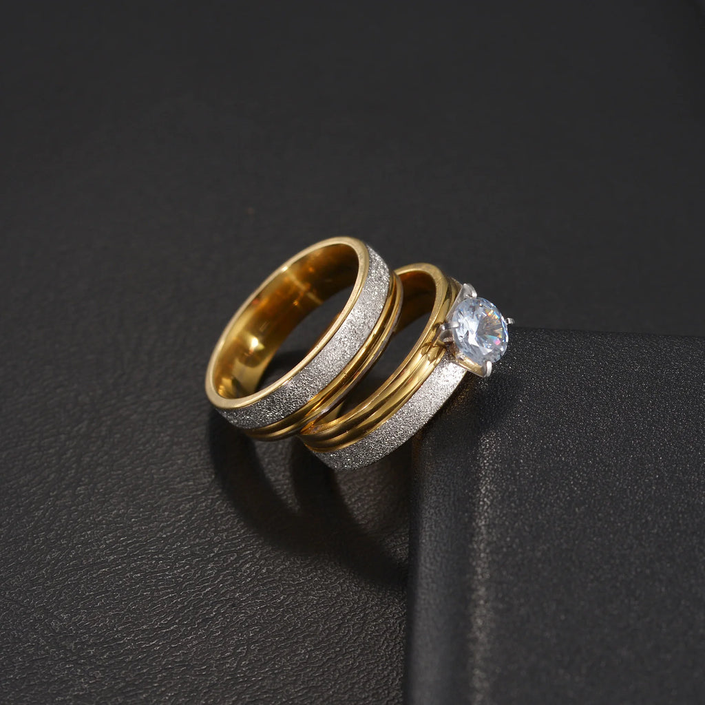 Couple Rings - Women Exquisite Rhinestones Zirconia Rings Set Simple Stainless Steel Men Ring Fashion Jewelry For Lover Gifts