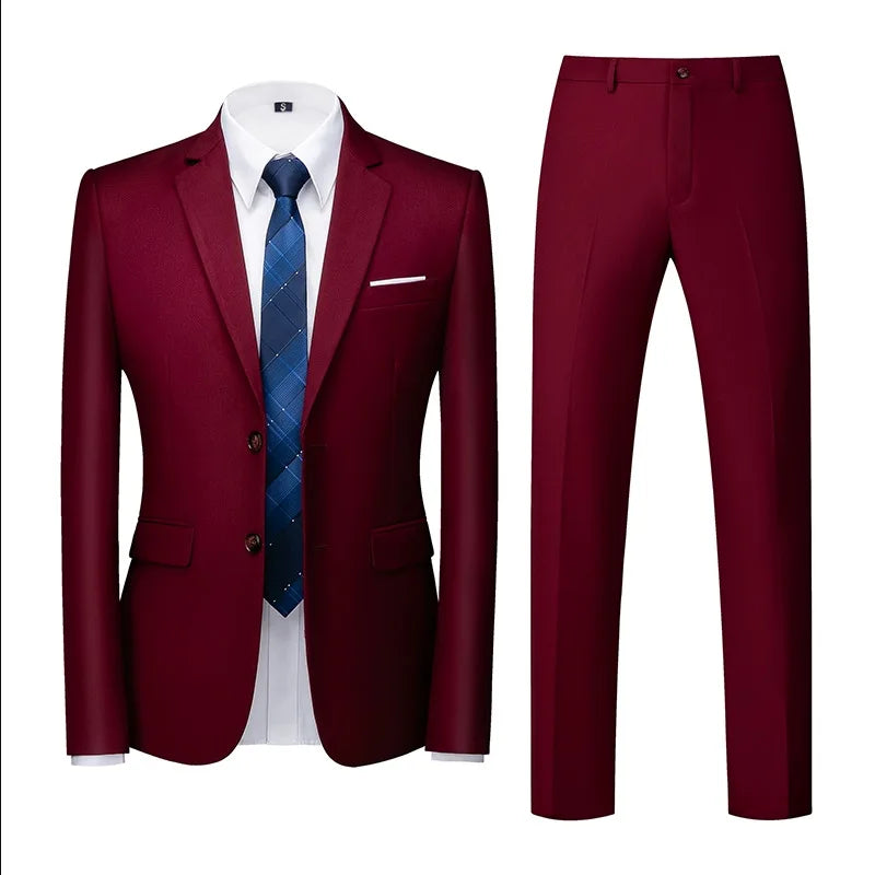 Men's Suit (Blazer+Pants) Fashion Business Casual Slim-fit Wedding Gentleman Solid Color Full Professional Interview Formal Suit
