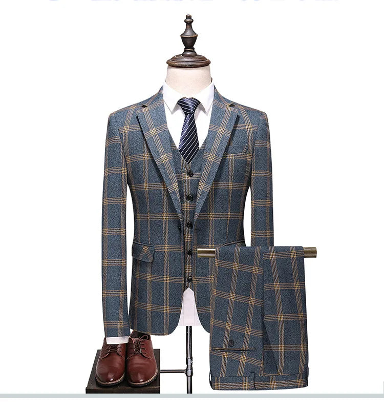 Men 3-piece Suit Outfit Single-breasted Blazer Man V-neck Vest Stright-leg Pant Male Retro Plaid Slim Business Wedding Suits