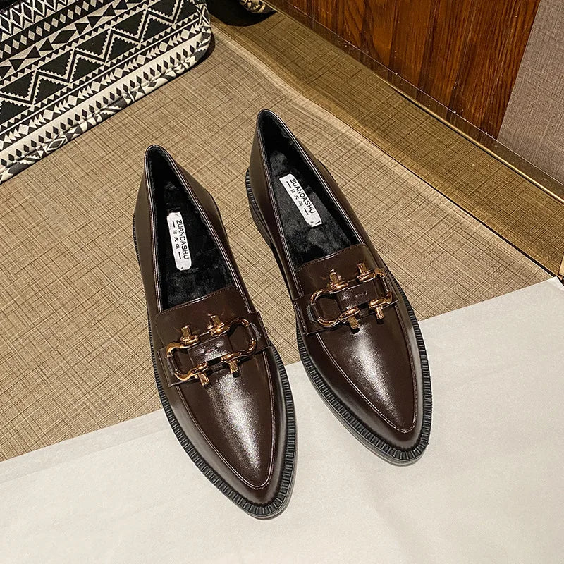 New Women Pointed Toe Leather Casual Shoes British Style Dress Shoes Fashion Cool Slip-on Loafers