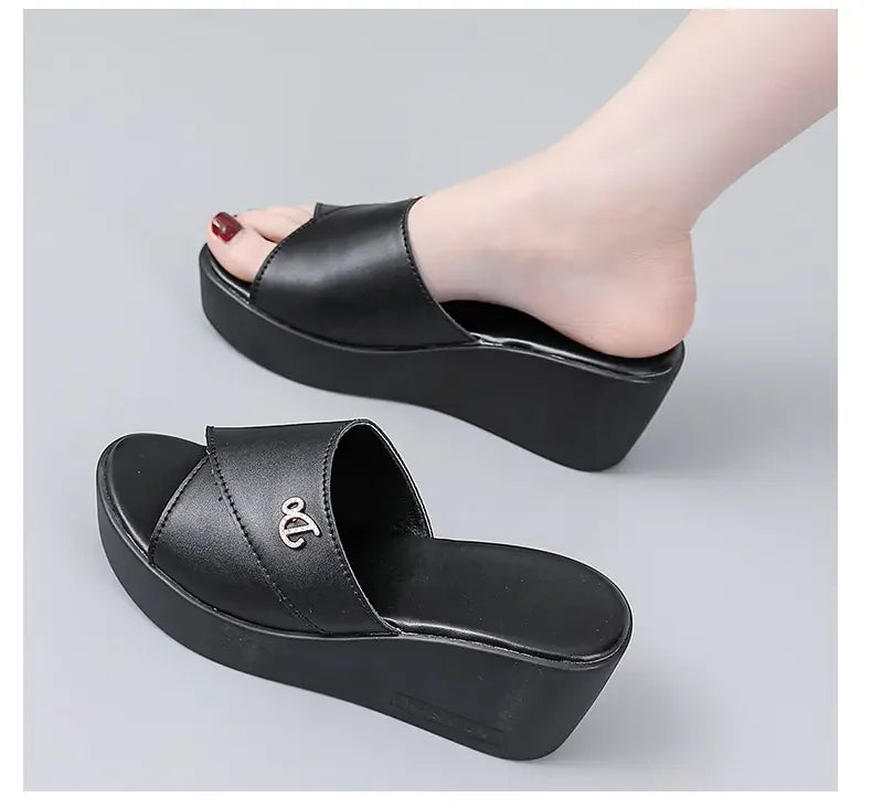 Women shoes Summer Fashion  leather Leisure shoes women platform wedges Fish Mouth Sandal Thick Bottom Slippers