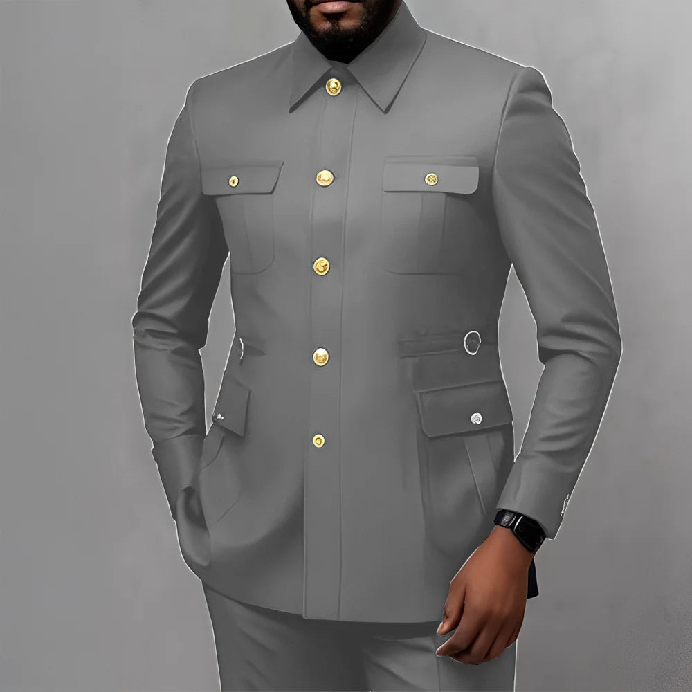 Men's 2-Piece Formal Suit, Utility Style, Golden Buttons, Suit + Trousers Combination, Fashionable Business Use