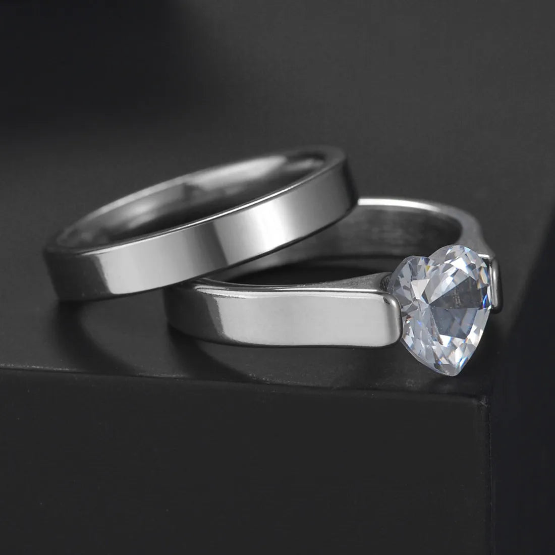 Couple Rings - Women Exquisite Rhinestones Zirconia Rings Set Simple Stainless Steel Men Ring Fashion Jewelry For Lover Gifts