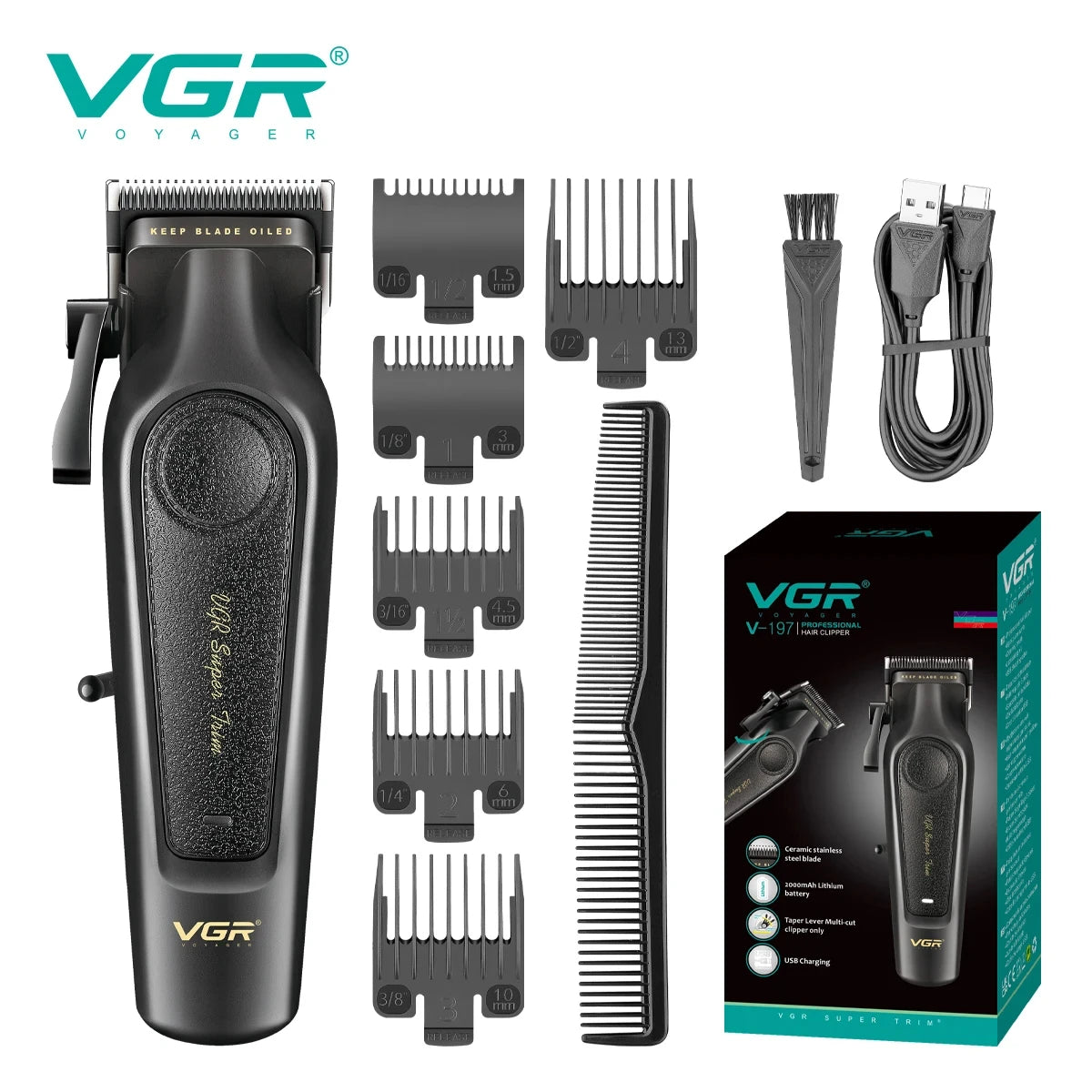 VGR V-197&995 high-end hair clipper two-piece set, metal leather body, electric push shear, LED digital display, oil head carvin