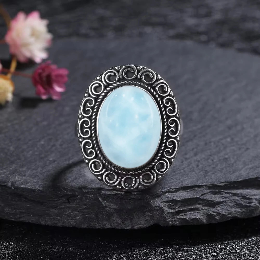 Vintage 925 Silver Ring Natural Larimar Stone Ring Round Flower Shape Sky Blue Summer Ring Fine Jewelry Gift for Men Women