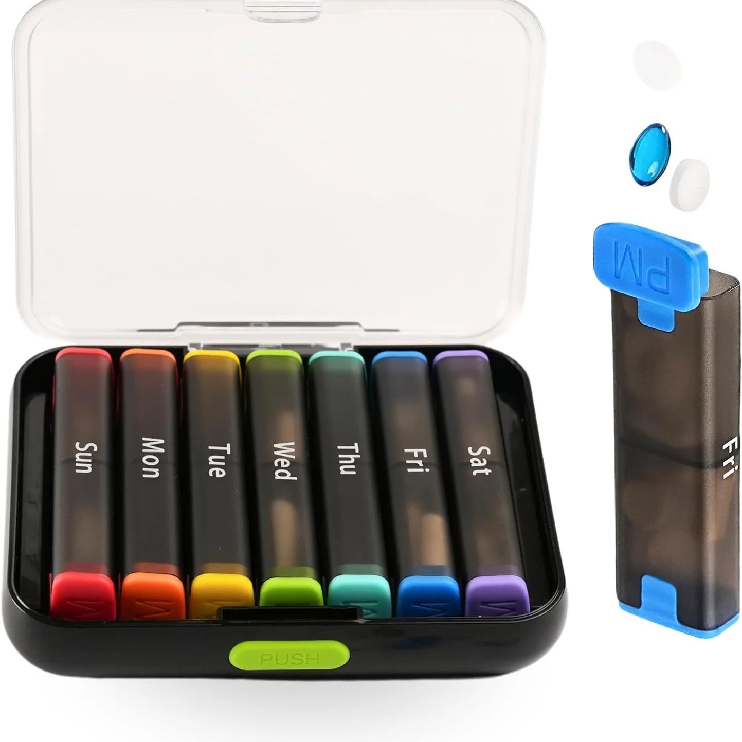 Medicine Box Weekly Pill Organizer Pill Box 7 Day with One-Side Large Openings for Easy to Use Case for Medication Vitamins Fish