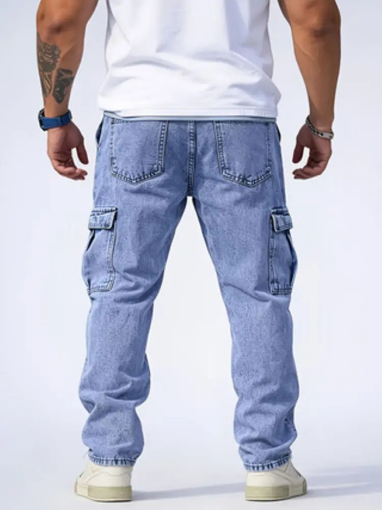 Men's Classic Multi-Pocket Jeans - Casual Street Style Regular Fit, Machine Washable, All-Season Wear, Light Blue Jeans