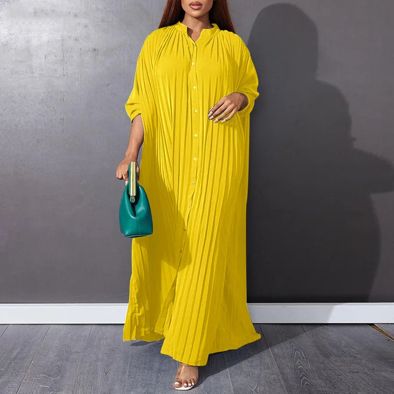 Women Eid Muslim Dresses Stand Collar Single Breasted Dubai Arab Vestidos Ramadan Casual Loose Kaftan Dress Solid Pleated