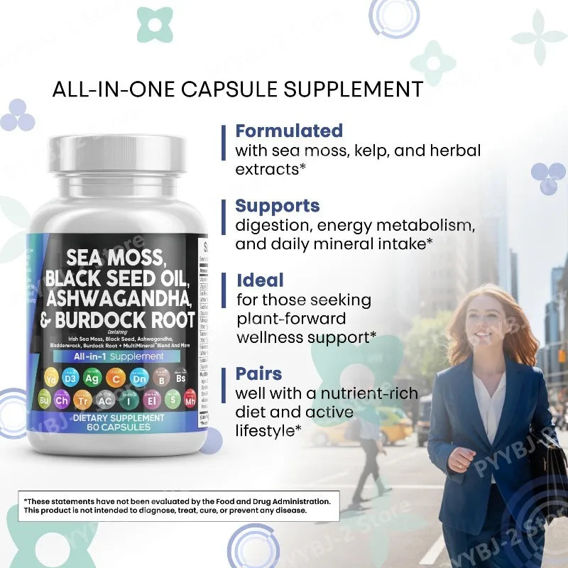 Sea Moss Capsules Contain Black Seed Turmeric & Vitamin D Plant-Based Daily Mineral  All in One Supplement 60 Count Per Bottle